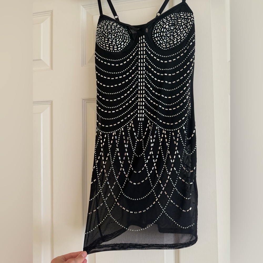 12th Tribe Black Sheer Dress with attached bodysuit and Embellished Detail